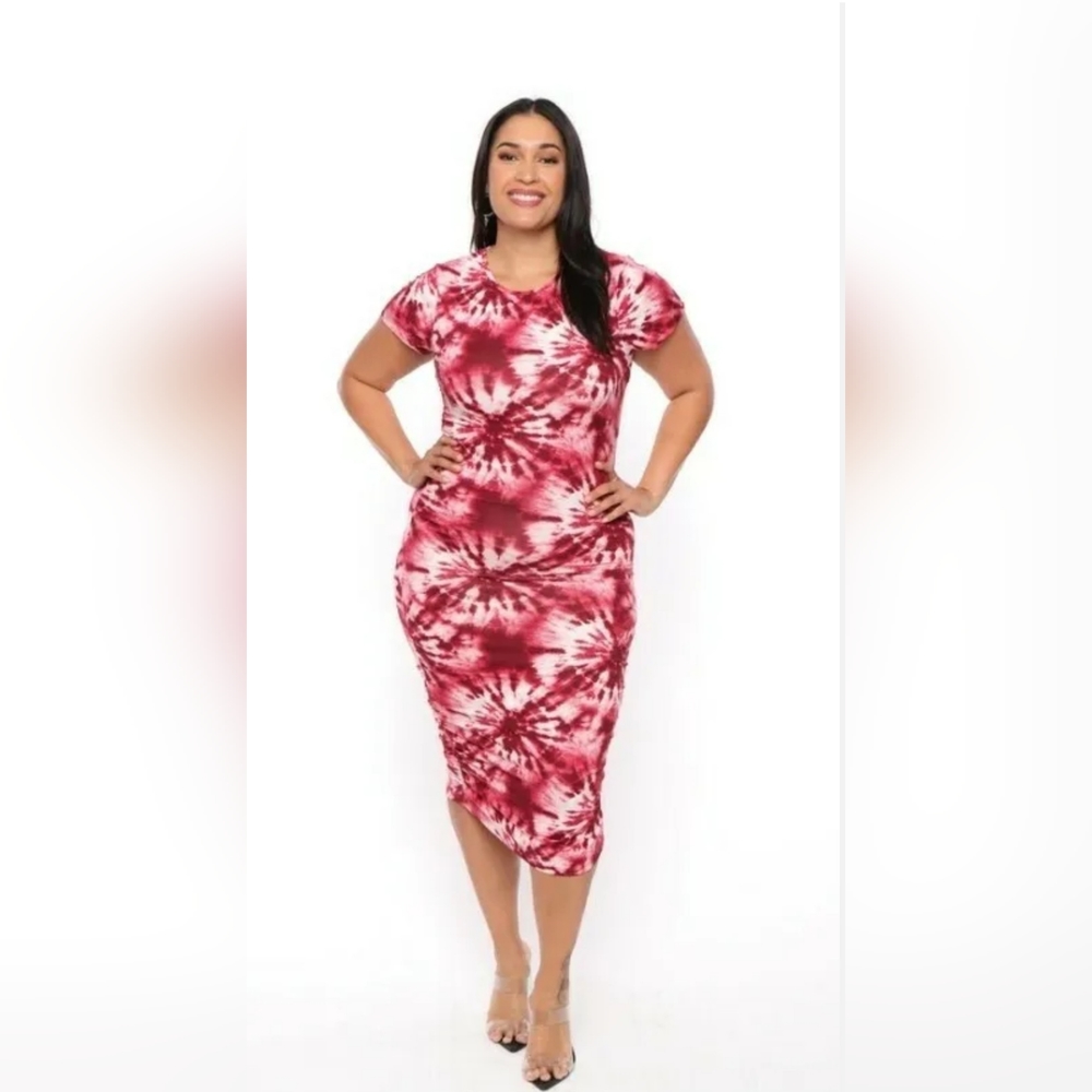 NEW NWOT CurvySense Burgundy Tie Dye Ruched Bosycon Dress Size 3XL